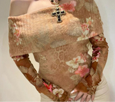 BXOXO Vintage 2000s Floral Print Crop Top Retro Graphic Long Sleeve Off-shoulder Tube T-shirts Women y2k Fairycore Tees Shirts